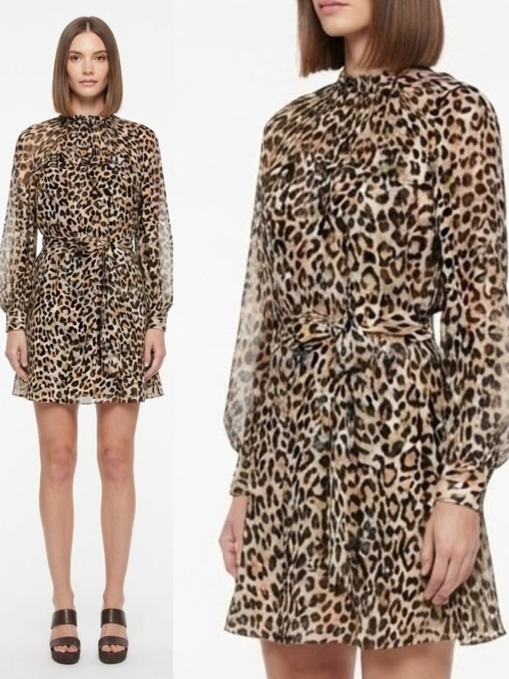 NWTKate Spade Silk Leopard Print Long-Sleeve Tie-Waist Mini Dress Gold Brown$495